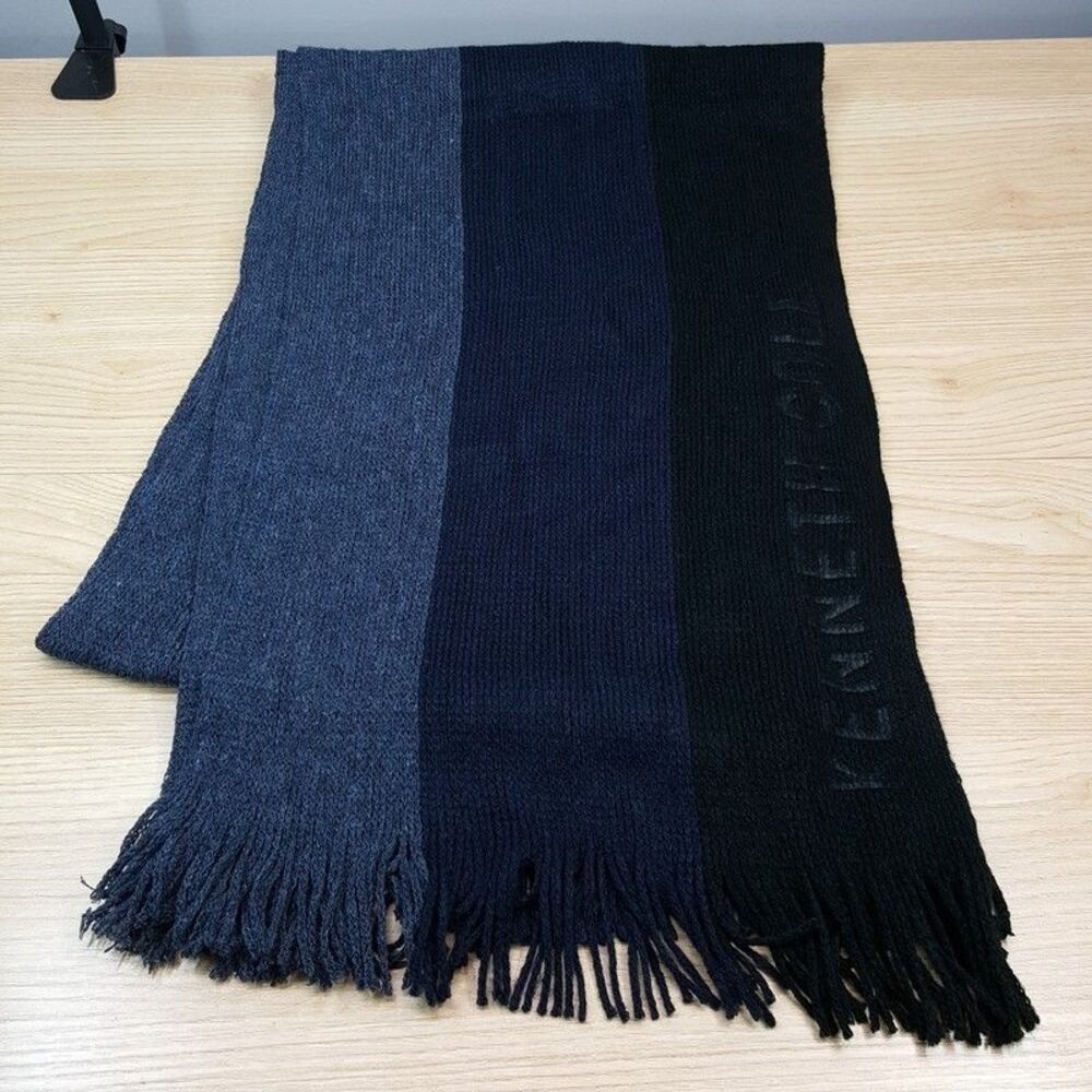 KENNETH COLE REACTION Mens Scarf Blue Black Stripe Knit Fringe Hem Logo 11x72